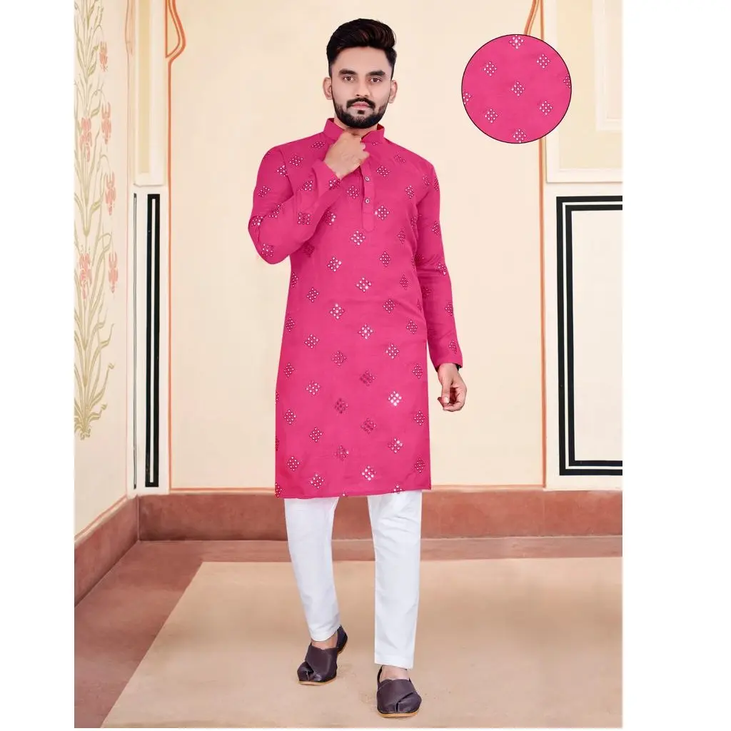 Ropa de fiesta informal festiva para hombre, suave pijama de algodón, Kurta, con espejo, para compras en línea, atuendo indio, novedad de 2022