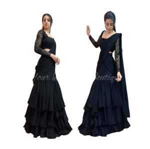 Nouvelle robe de soirée ethnique élégante en faux georgette lourde à volants, prête à porter, style élégant, couches élégantes, ambiance festive - Product Image 1