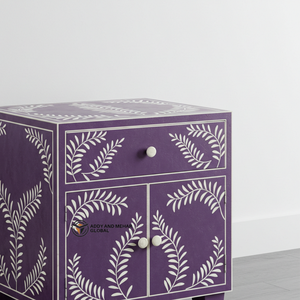Luxury Purple Bone Inlay <b>Bedside</b> Table Handcrafted Floral Pattern Nightstand with <b>Storage</b> - Product Image 2
