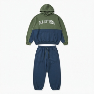 Custom Men Green Navy Color Block <b>Zip</b> Up Hoodie <b>Jogger</b> Set Cotton Fleece Casual Tracksuit OEM Wholesale - Product Image 3