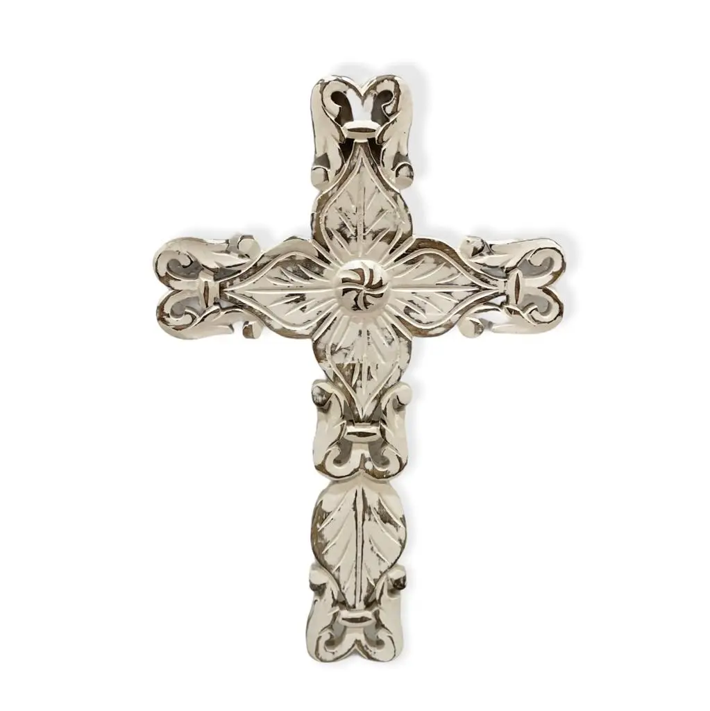 Cruz de madera antigua para decoración del hogar, diseño decorativo, hecho a mano, color blanco