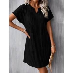 Women's Short-Sleeved V-Neck Short Jacquard <b>Crinkle</b> <b>Dress</b>, 36925 - Black - Product Image 1