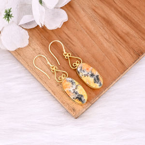 Pendientes de Bisutería con Forma Ovalada de Jaspe Abejorro Natural, Chapados en Oro Amarillo, al por Mayor para Mujeres y Niñas - Product Image 3
