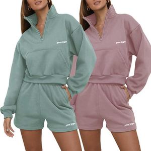 ชุดเสื้อผ้าเลานจ์2ชิ้นสำหรับผู้หญิง2023มีฮู้ดคอตั้งซิปมี1/4ทรงหลวมแนวสตรีทลำลองสีพื้นสำหรับฤดูร้อน - Product Image 2