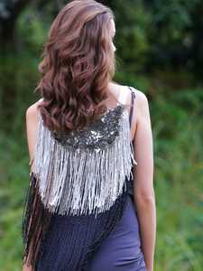 Robe de soirée pour adolescentes, col montant, taille naturelle, mini, à franges, avec soutien-gorge intégré, 100% polyester, été, noir - Product Image 2