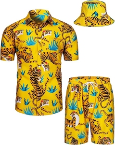 Ensemble chemise et short hawaïens en satin personnalisés OEM pour hommes avec chapeau seau tenue de plage à fleurs d'été 3D pour les vacances - Product Image 5