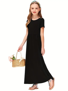 Vestido largo informal para niñas, bolsillos laterales, negro, manga corta, cuello redondo, lavable a máquina, vestido de verano, playa, escuela, atuendo informal BD - Product Image 3