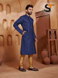 Ensemble de pyjama ethnique Kurta pour hommes élégant tenue traditionnelle parfaite pour le festival de fête de mariage et les célébrations de Diwali - Product Image 3