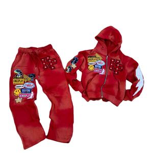 Sudaderas con Capucha y Cremallera Estilo Streetwear con Lavado Ácido para Hombre, Conjunto Deportivo con Pantalones Deportivos Acampanados con Parches Desgastados, Sudaderas Modernas de Invierno para Hombre - Product Image 2