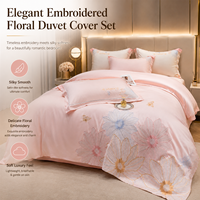 Ensemble de housse de couette brodée de fleurs roses de luxe, literie douce effet satin avec taies d'oreiller