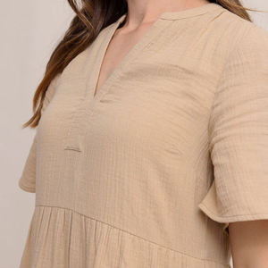 Tela de gasa de algodón 100%, vestido informal de Color sólido, manga corta, cuello en V, vestidos diarios para mujer, vestidos populares personalizados al por mayor para mujer - Product Image 4