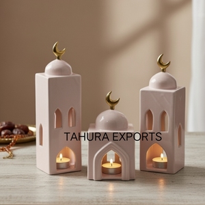 Portavelas decorativo de Ramadán de cerámica elegante refinado para interiores festivos modernos y acento de iluminación para el hogar elegante y limpio - Product Image 1