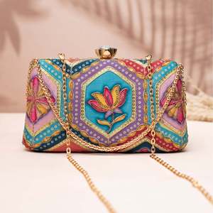 Artklim Half Moon Pattern Evening <b>Clutch</b> Turquoise & Multicolor Lotus Motif for Parties and <b>Weddings</b> - Product Image 1