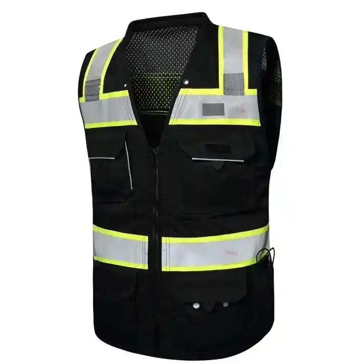OEM ODM-Chaleco de seguridad negro de diseño personalizado, tela de poliéster con cremallera para seguridad de la construcción