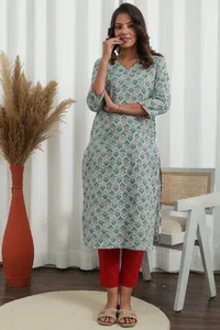 Coton Kurti traditionnel pour femmes de qualité supérieure imprimé à la main tissé tissage léger tissu respirant écologique pour - Product Image 6