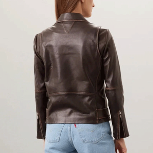 Veste de moto en cuir d'agneau véritable marron pour femmes Veste doublée à fermeture éclair de style motard pour femmes - Product Image 2