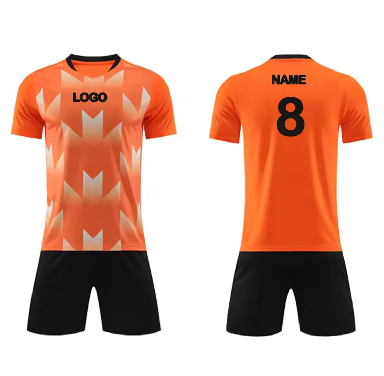 Camiseta de fútbol de poliéster sublimada con logotipo personalizado naranja y negro.