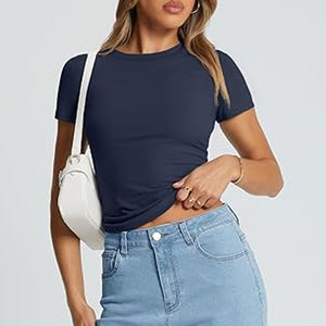 Camisetas recortadas para mujer, camisetas de manga corta a la moda con cuello redondo, Camiseta básica sólida, Top corto con timbre, camisetas ajustadas, camiseta de manga corta - Product Image 5