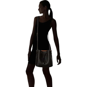 Bolso Tipo Cubo de Cuero Genuino para Mujer, Cierre con Cordón, Correa para el Hombro, Estilo Minimalista, Uso Diario, Textura Saffiano Negra - Product Image 2
