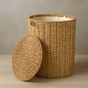Paniers de rangement ronds durables en rotin naturel tissé à la main avec poignées polyvalents pour la lessive, les vêtements, les chaussures et la décoration intérieure - Product Image 2