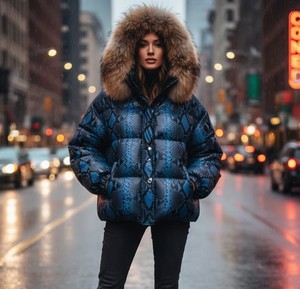 Veste d'hiver en cuir véritable effet peau de serpent, garniture en fourrure de renard brun, fermeture éclair sur le devant, coupe-vent, streetwear, veste en cuir pour femme - Product Image 5