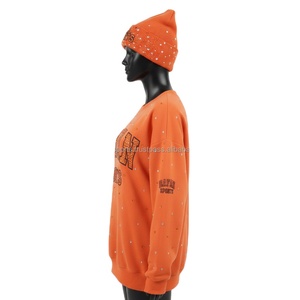 Sudadera de Mujer de Algodón y Felpa Color Naranja con Detalles de Pedrería, Bordado con Logotipo Personalizado, Estilo Deportivo, Transpirable - Product Image 3
