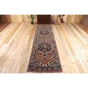 Alfombra de 3.5x12.3 pies, Alfombra Turca Vintage, Alfombra Geométrica Azul Marrón - Product Image 1