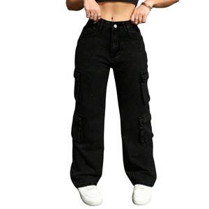 Pantalones Cargo de Mezclilla Negros de Pierna Ancha para Mujer, Cintura Alta, Ajuste Holgado, Estilo Casual, Utilitario, Moda Urbana, Uso Diario - Product Image 1