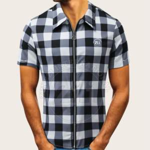 Chemises à carreaux décontractées pour hommes fabriquées en usine % coton coupe décontractée à manches courtes fermeture éclair complète Hip Hop Pop coupe-vent respirant - Product Image 6
