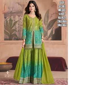 Kurta Sharara Dupatta brodé ethnique avec pompons col rond manches trois-quarts long costume indien Sharara Pallazo mariage - Product Image 1