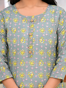 Kurti en coton gris à imprimé floral pour femmes, col droit sans col, manches trois quarts, décontracté, ethnique, pour les fêtes, séchage rapide - Product Image 5