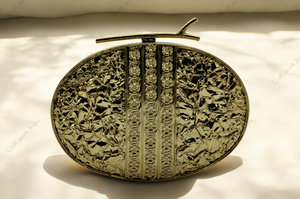 Handcrafted Oval Gold Metal <b>Clutch</b> With <b>Pearl</b> Shell Bead Inlay Luxury Bridal Party Evening Statement Handbag Accessory Design - Product Image 6