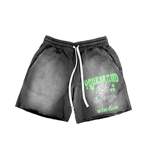 Short en polaire délavé vintage à impression bouffante 3D personnalisé motif solide short de sueur d'été bord coupé patch de détresse lavé à l'acide - Product Image 6