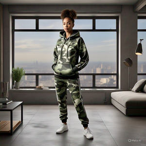 Conjunto Deportivo de Dos Piezas para Mujer, Sudadera con Capucha y Pantalones Deportivos, Estampado de Camuflaje por Sublimación, Invierno, Ecológico, Tela Gruesa de 380 GSM - Product Image 4