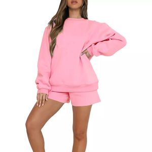 Ensembles de sweat-shirts pour femmes, tricotés en gros, à la mode, col rond, manches longues, couleur unie, ensemble haut et short décontractés - Product Image 1