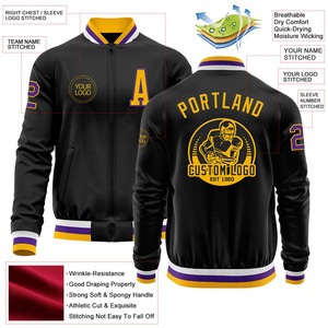 Custom <b>Black</b> Gold-Purple Bomber Varsity Letterman Zipper Jacket Windbreaker Streetwear Vintage <b>Men's</b> Varsity Jacket - Product Image 2