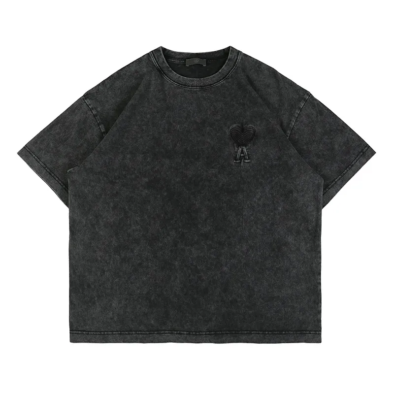 Camiseta de manga curta lavada vintage personalizada bordada de fábrica para homens de grandes dimensões, camiseta preta tingida