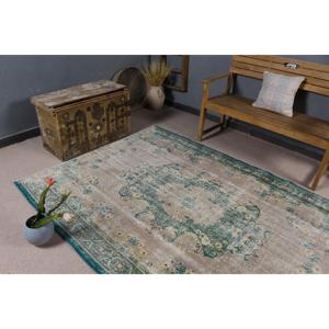 พรมตุรกีขนาด 5.5x7.2 ฟุต สีน้ำเงินเขียว ลายอิคัต ทำจากขนสัตว์ - Product Image 5