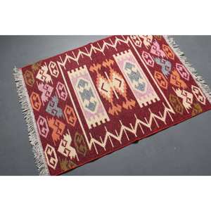 Tapis de 2,9 x 4,1 pieds, tapis turc vintage, tapis en laine à carreaux rouge beige - Product Image 1