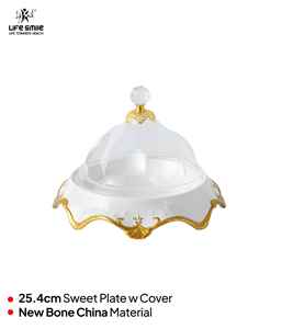 Elegante plato de porcelana de hueso blanco con tapa de cristal de cúpula transparente y base dorada de alta calidad duradero para fiestas - Product Image 3