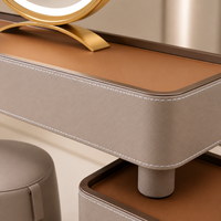Ensemble de coiffeuse LED personnalisé de luxe pour chambre à coucher avec miroir rond, tabouret et armoire de rangement