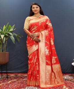 Sari en soie Banarasi avec broderie pour femmes mariées, tenue de soirée, tradition indienne, prêt à porter, prix bas - Product Image 6