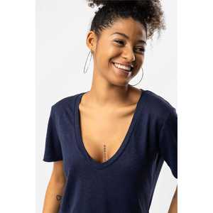 Camiseta de Lino con Cuello en V para Mujer, Corte Ajustado, Informal, Transpirable, de Nailon, Tallas XS-XXS-XL Disponibles, Decorada con Malla y Letras - Product Image 5