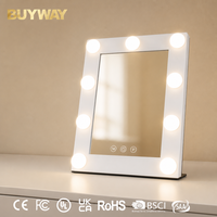 BUYWAY HollywoodMirror avec 9 ampoules LED, miroir de maquillage éclairé sur table avec cadre blanc et trois touches tactiles