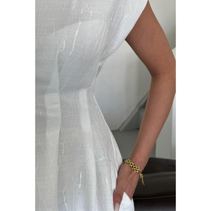 Vestido Casual de Lino Jacquard con Abertura Frontal y Bolsillos, Color Blanco - Product Image 4