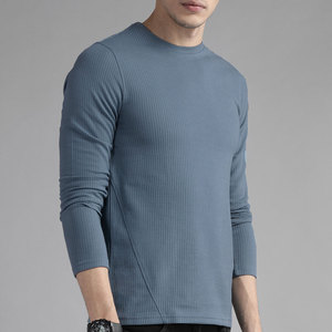 T-shirt en tricot à manches longues pour homme, col rond, couleur unie, respirant, coupe ajustée, vêtements décontractés, bleu - Product Image 3