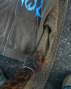 Sudaderas con capucha de algodón para hombre personalizadas, ropa de calle de gran tamaño de 500g/m2, bordado desgastado, diamantes de imitación de peso pesado, sudadera con cremallera completa para hombre - Product Image 4