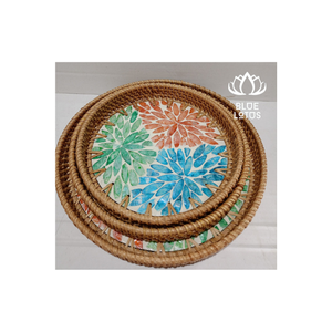 Décoration avec plateau en rotin de bambou incrusté de nacre exquise plateau de service en rotin de bambou parfait décor à la maison cadeaux uniques - Product Image 1
