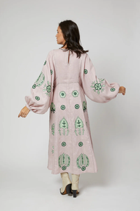 Robe décontractée rose pour femme, style motard, brodée, en lin/coton tricoté, manches bouffantes, imprimé cachemire, longueur genou, coupe fourreau, col rond - Product Image 3
