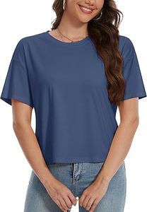 Women's Summer Casual Dry Fit Crop Top Yogic Short Sleeve Athletic Running Crew <b>Neck</b> Tee in Grey Blue Front Logo Position - Product Image 2